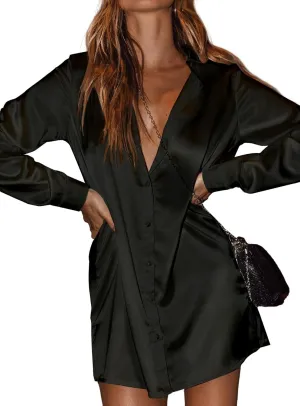 Women's Satin Silk Shirt Dresses Button Down Long Sleeve Club Party Knee Length Mini Dress with Belt