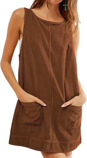 Womens Sleeveless Corduroy Overall Dress Cute Crewneck Jumper Dress Mini A Line Pinafore Dress with Pockets