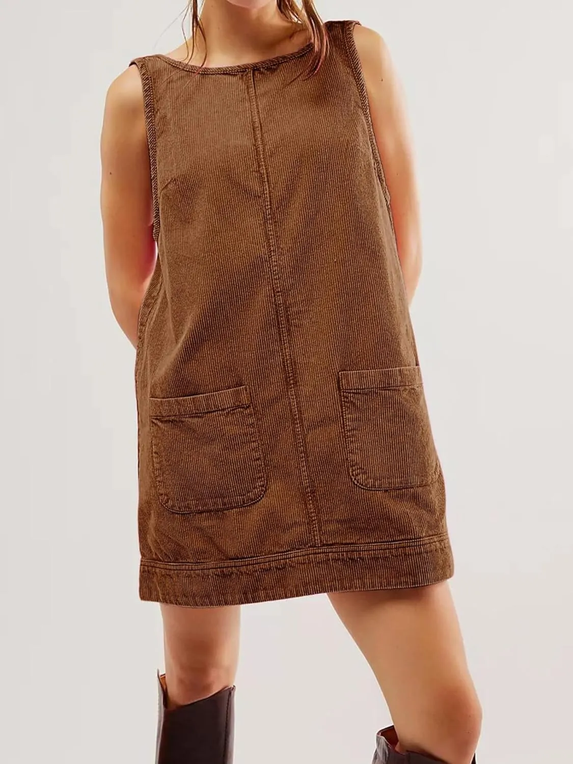 Womens Sleeveless Corduroy Overall Dress Cute Crewneck Jumper Dress Mini A Line Pinafore Dress with Pockets