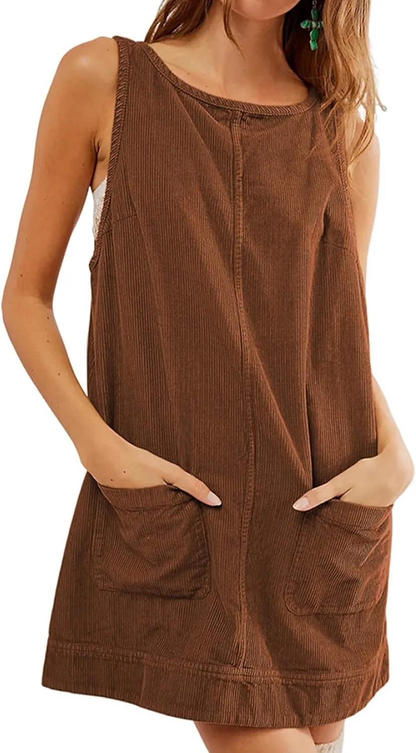 Womens Sleeveless Corduroy Overall Dress Cute Crewneck Jumper Dress Mini A Line Pinafore Dress with Pockets