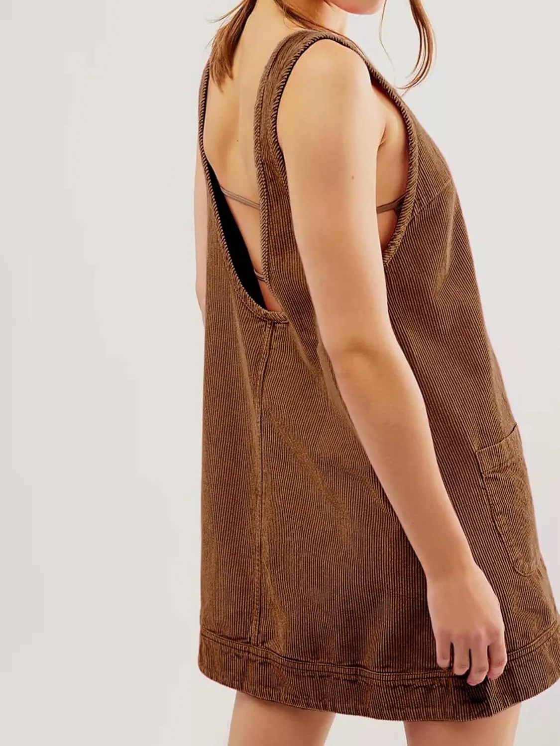 Womens Sleeveless Corduroy Overall Dress Cute Crewneck Jumper Dress Mini A Line Pinafore Dress with Pockets