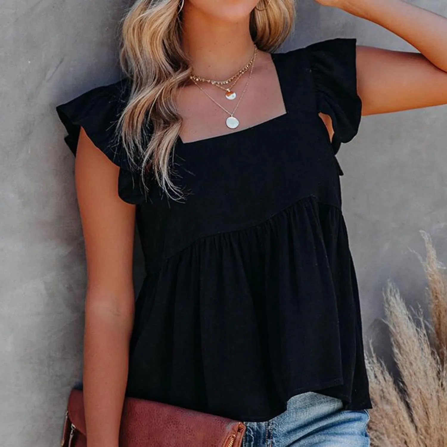 Women's Smocked Peplum Tops Solid Color Cute Square Neck Ruffle Sleeveless Shirts Casual Fashion Loose Fit Blouse