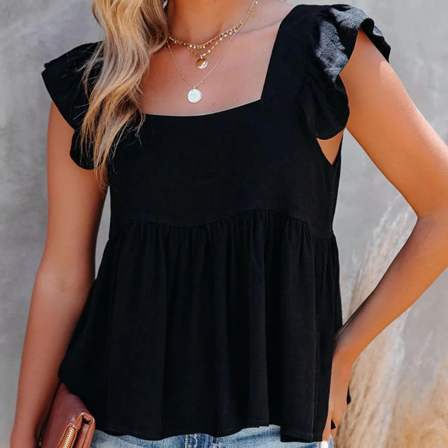 Women's Smocked Peplum Tops Solid Color Cute Square Neck Ruffle Sleeveless Shirts Casual Fashion Loose Fit Blouse