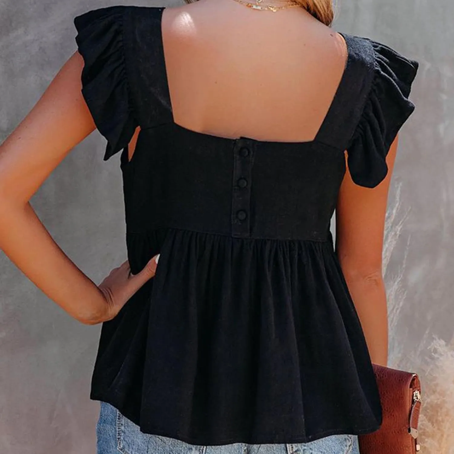 Women's Smocked Peplum Tops Solid Color Cute Square Neck Ruffle Sleeveless Shirts Casual Fashion Loose Fit Blouse