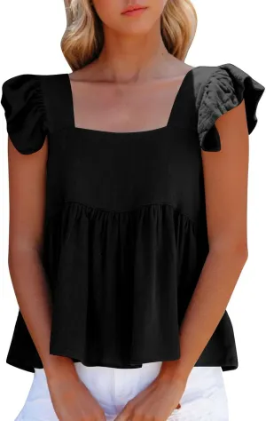 Women's Smocked Peplum Tops Solid Color Cute Square Neck Ruffle Sleeveless Shirts Casual Fashion Loose Fit Blouse
