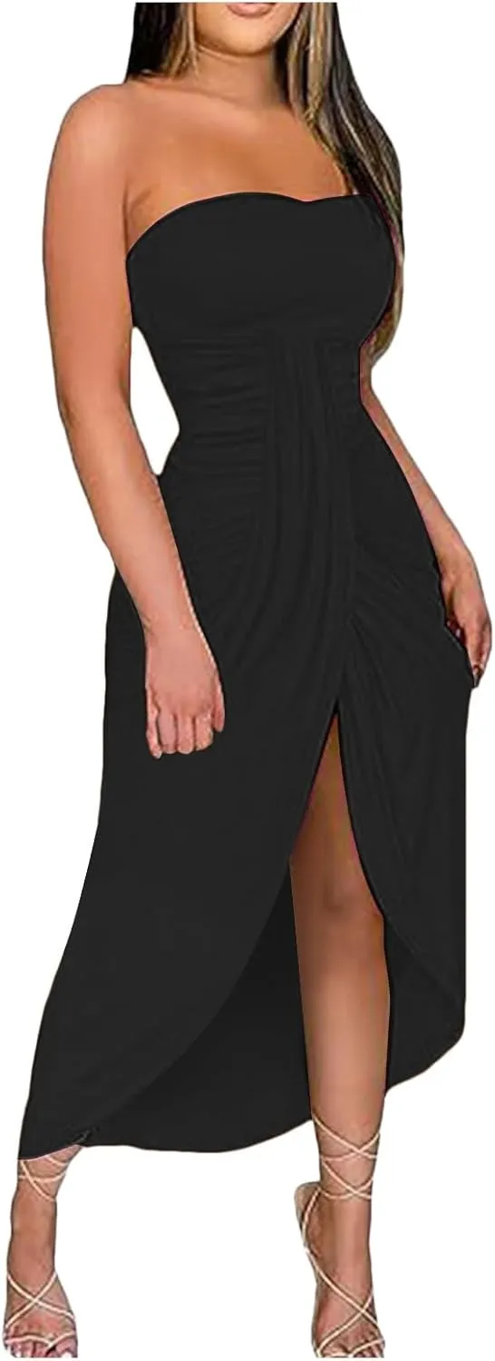 Women's Strapless Bodycon Tube Dress Sexy Off Shoulder Irregular Ruffle Backless Party Midi Dresses
