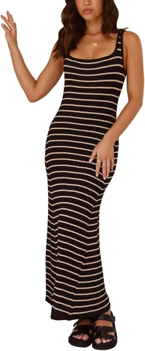 Women's Striped Sleeveless Maxi Dress Ribbed Knit Tank Dress Casual Long Sweater Dresses Black