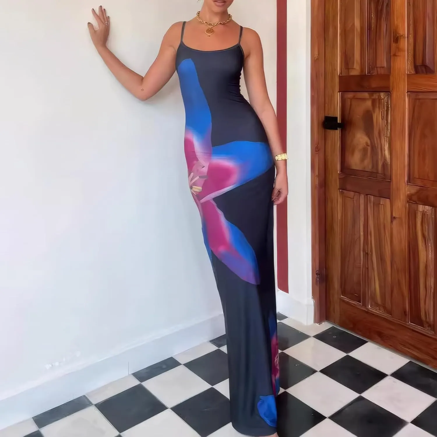 Womens Summer Casual Floral Dresses Spaghetti Strap Bodycon Maxi Beach Dress Elegant Evening Party Long Dresses
