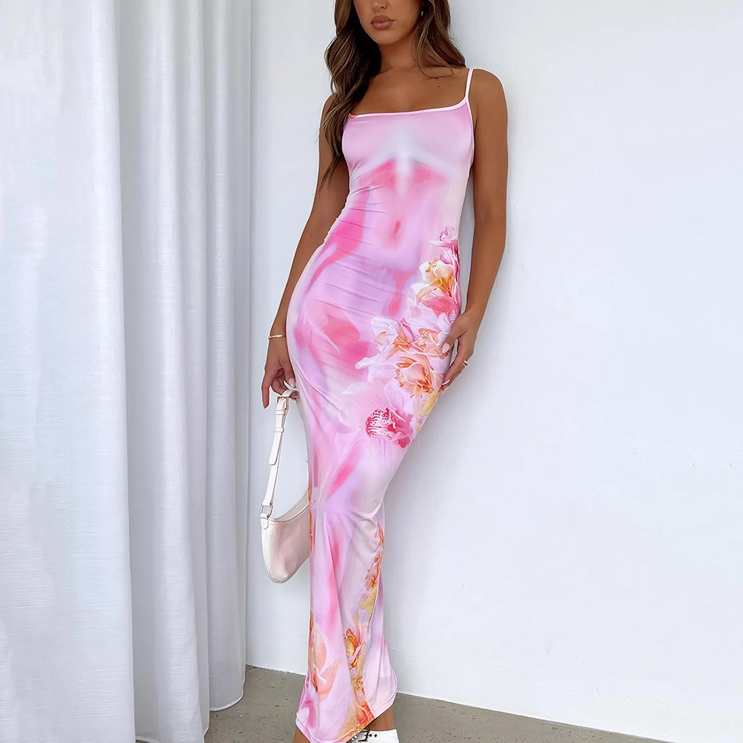 Womens Summer Casual Floral Dresses Spaghetti Strap Bodycon Maxi Beach Dress Elegant Evening Party Long Dresses
