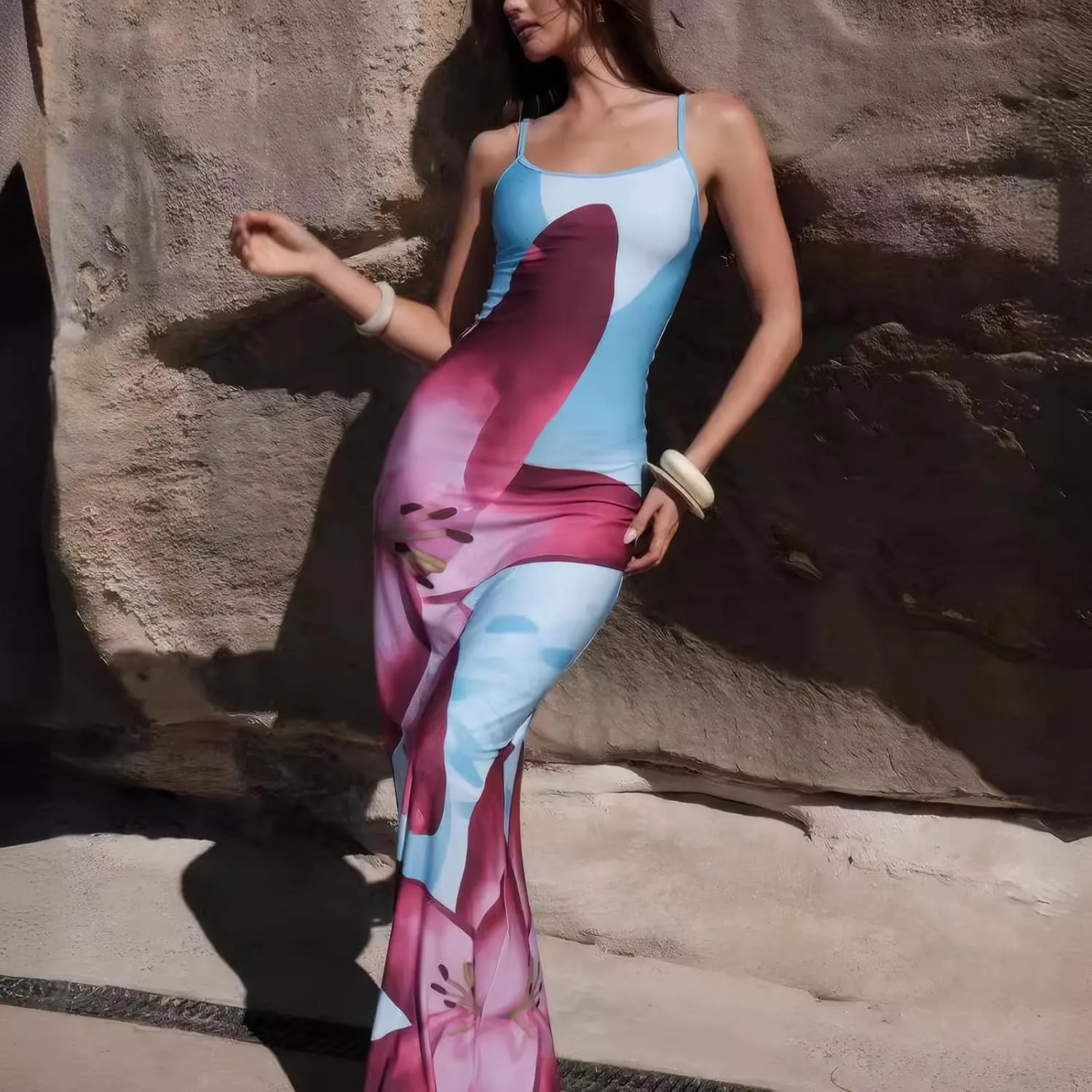 Womens Summer Casual Floral Dresses Spaghetti Strap Bodycon Maxi Beach Dress Elegant Evening Party Long Dresses