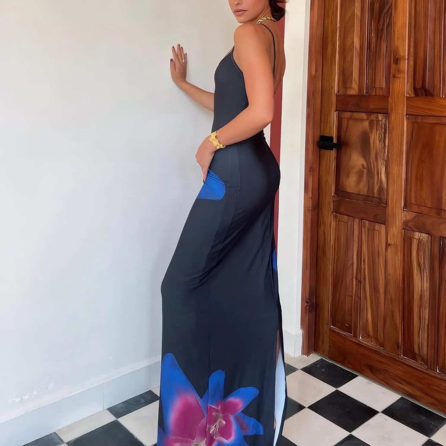 Womens Summer Casual Floral Dresses Spaghetti Strap Bodycon Maxi Beach Dress Elegant Evening Party Long Dresses