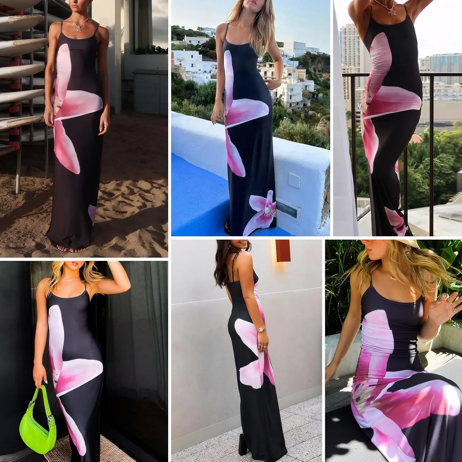Womens Summer Casual Floral Dresses Spaghetti Strap Bodycon Maxi Beach Dress Elegant Evening Party Long Dresses