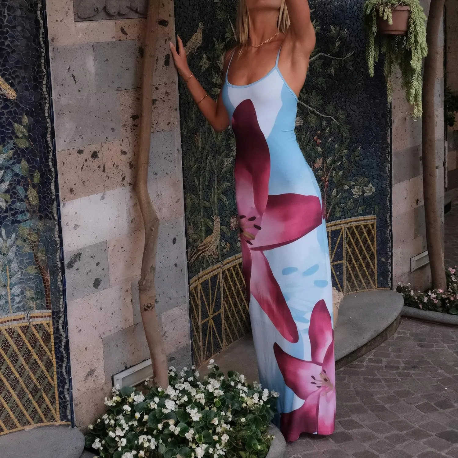 Womens Summer Casual Floral Dresses Spaghetti Strap Bodycon Maxi Beach Dress Elegant Evening Party Long Dresses