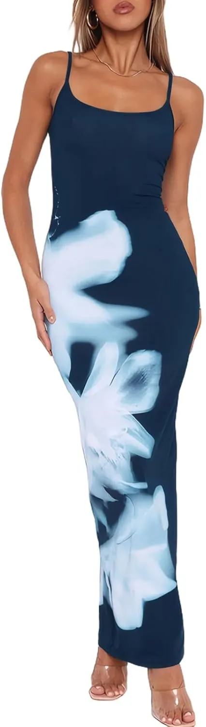 Womens Summer Casual Floral Dresses Spaghetti Strap Bodycon Maxi Beach Dress Elegant Evening Party Long Dresses