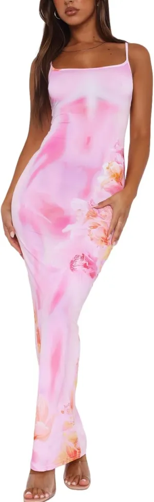Womens Summer Casual Floral Dresses Spaghetti Strap Bodycon Maxi Beach Dress Elegant Evening Party Long Dresses