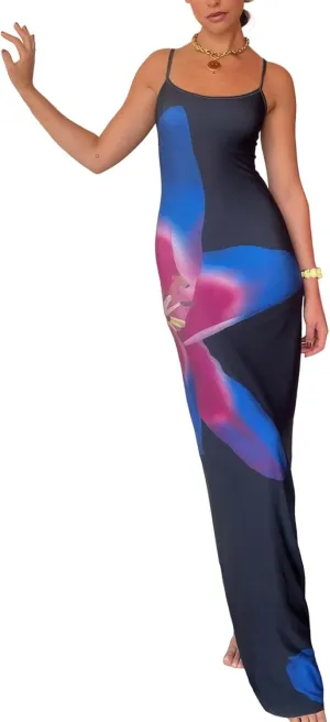 Womens Summer Casual Floral Dresses Spaghetti Strap Bodycon Maxi Beach Dress Elegant Evening Party Long Dresses