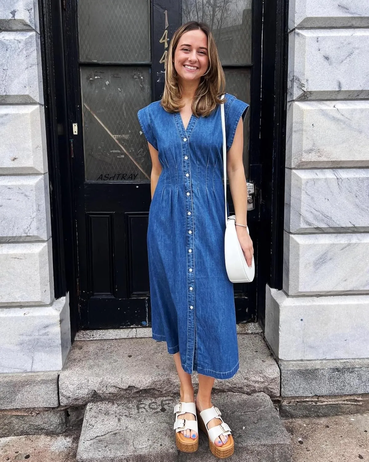 Women's Summer Denim Shirt Dress Lapel V Neck Cap Sleeve Jean Dress Button Down A-Line Long Dresses