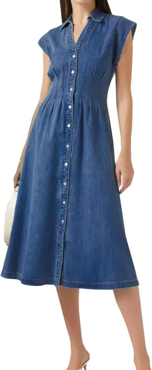 Women's Summer Denim Shirt Dress Lapel V Neck Cap Sleeve Jean Dress Button Down A-Line Long Dresses