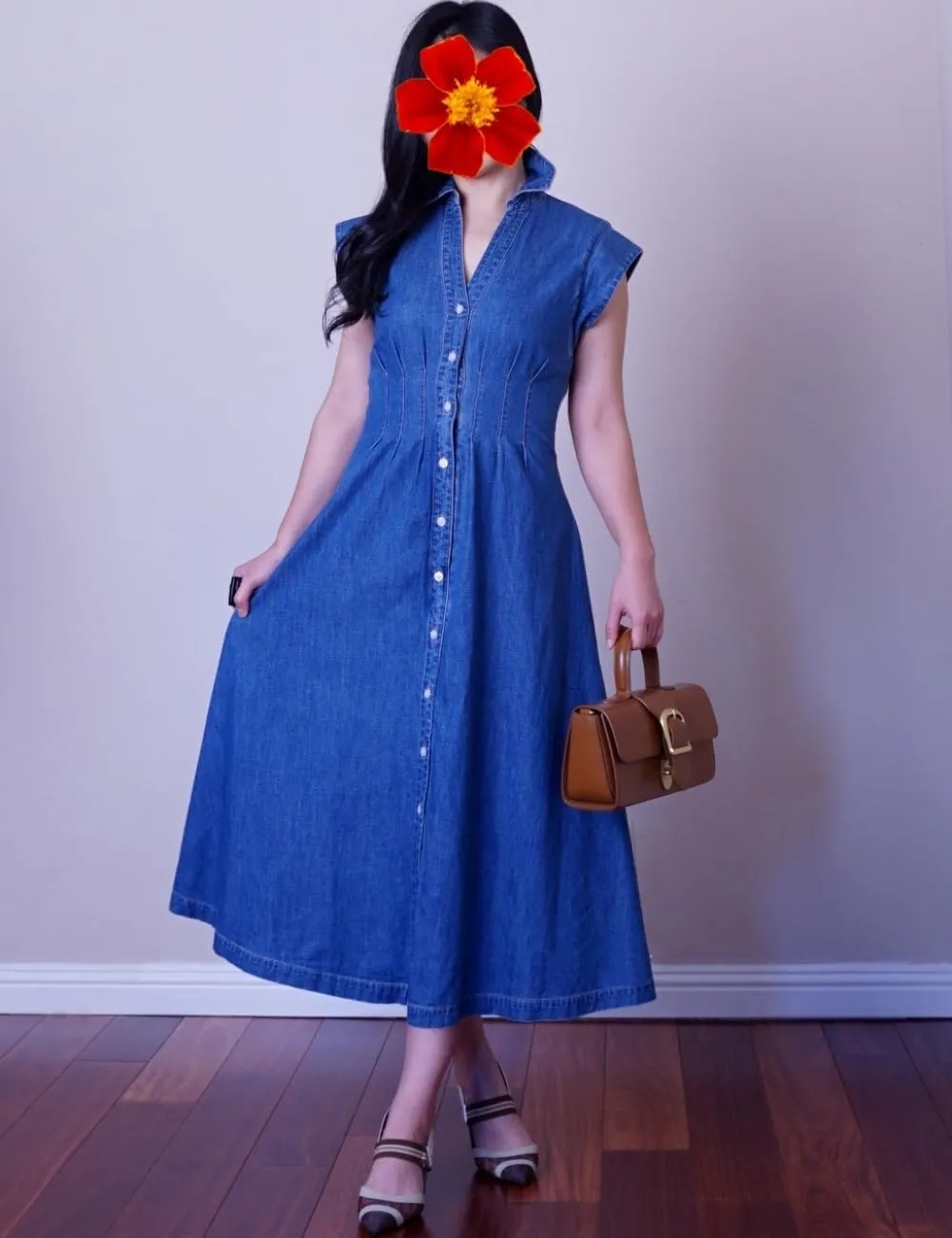 Women's Summer Denim Shirt Dress Lapel V Neck Cap Sleeve Jean Dress Button Down A-Line Long Dresses