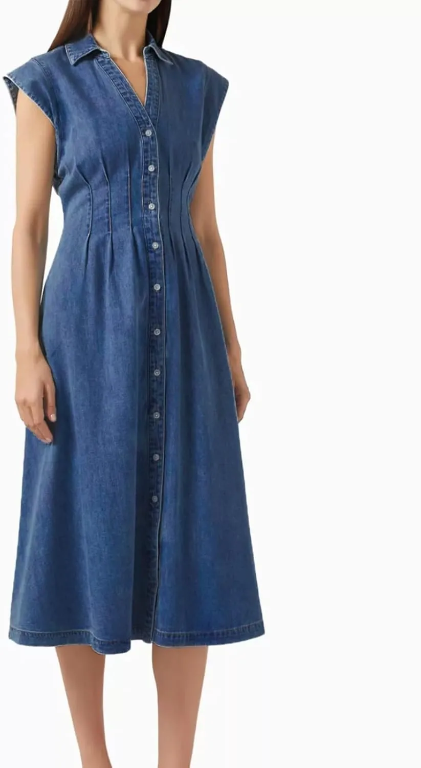 Women's Summer Denim Shirt Dress Lapel V Neck Cap Sleeve Jean Dress Button Down A-Line Long Dresses