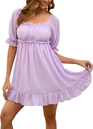 Women's Summer Dress Boho Short Sleeve Mini Dresses Square Neck Ruffle Mini Beach Dresses