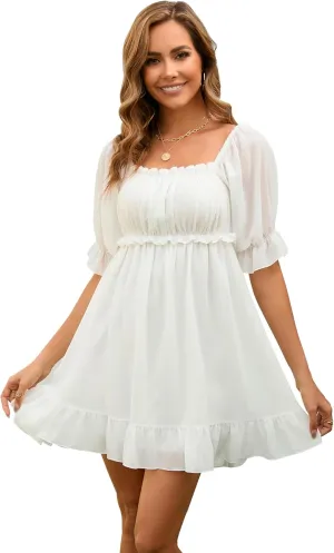 Women's Summer Dress Boho Short Sleeve Mini Dresses Square Neck Ruffle Mini Beach Dresses