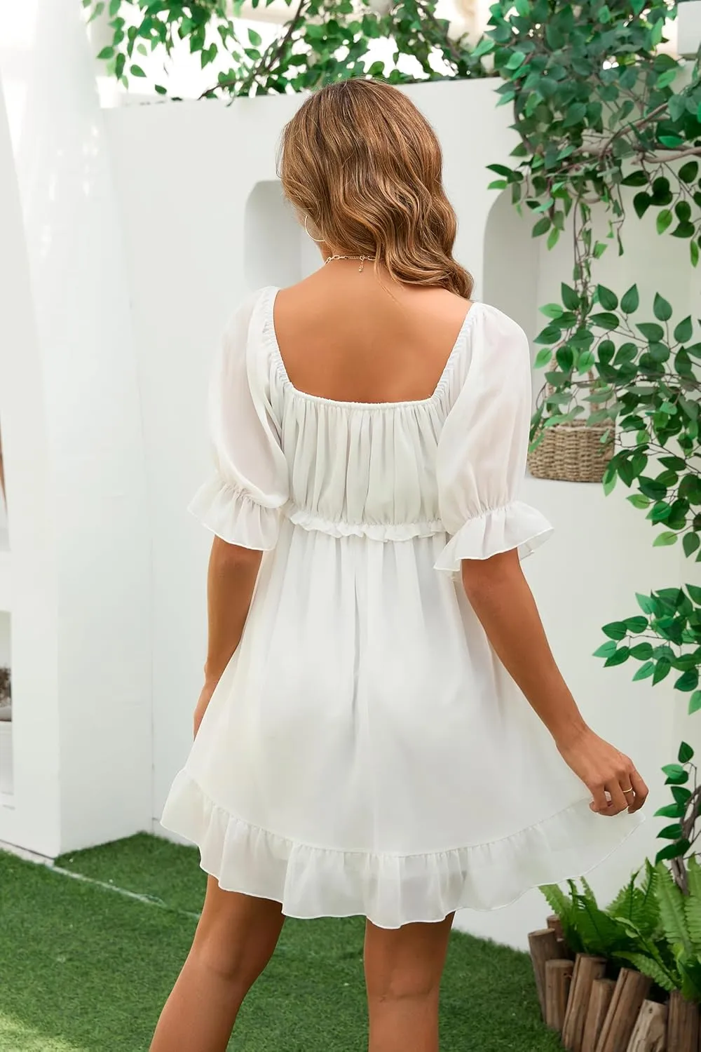 Women's Summer Dress Boho Short Sleeve Mini Dresses Square Neck Ruffle Mini Beach Dresses
