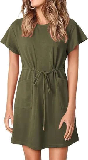 Womens Summer Dresses 2025 Crew Neck Ruffle Short Sleeve Casual Dress Dressy Drawstring A Line Mini Dress with Pockets