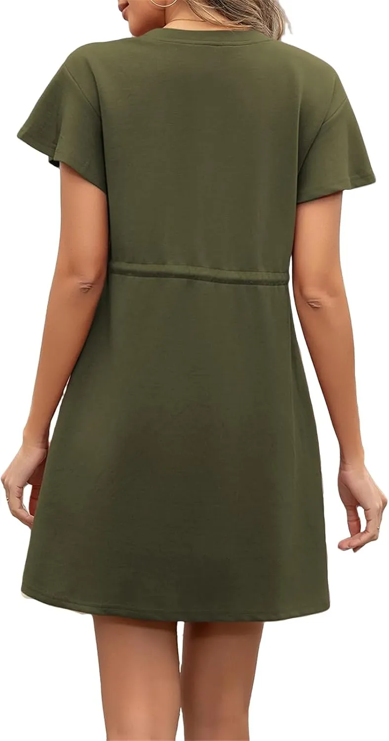 Womens Summer Dresses 2025 Crew Neck Ruffle Short Sleeve Casual Dress Dressy Drawstring A Line Mini Dress with Pockets