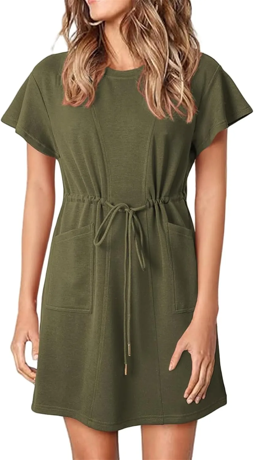 Womens Summer Dresses 2025 Crew Neck Ruffle Short Sleeve Casual Dress Dressy Drawstring A Line Mini Dress with Pockets