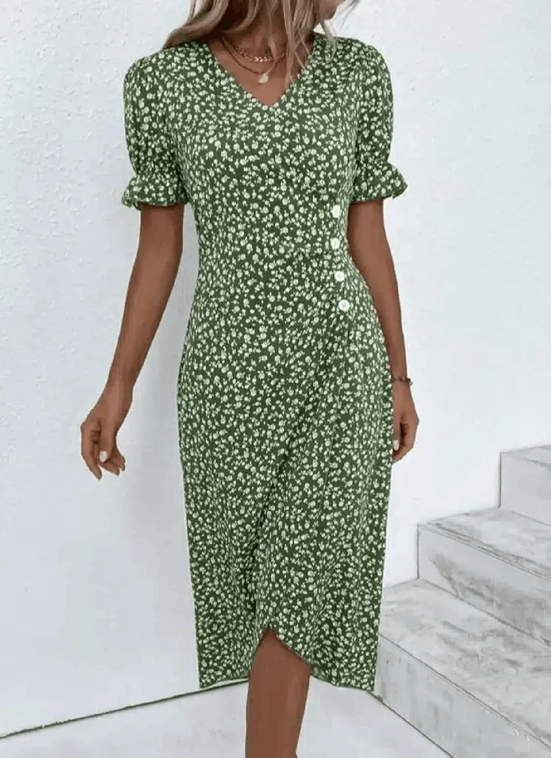 Womens Summer Dresses V Neck Short Sleeve Green Floral Print Button Front Midi Dress