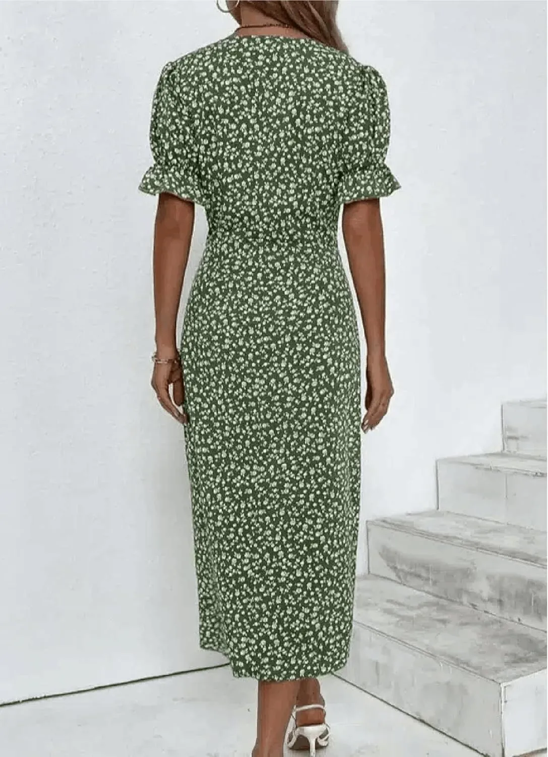 Womens Summer Dresses V Neck Short Sleeve Green Floral Print Button Front Midi Dress