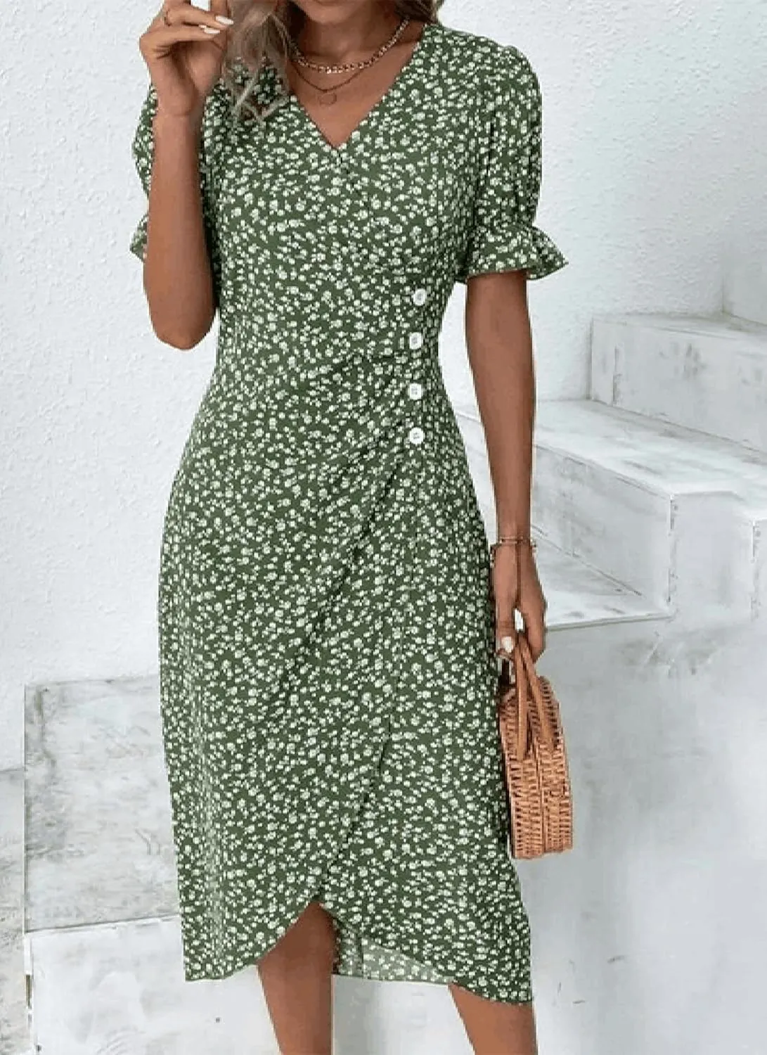 Womens Summer Dresses V Neck Short Sleeve Green Floral Print Button Front Midi Dress