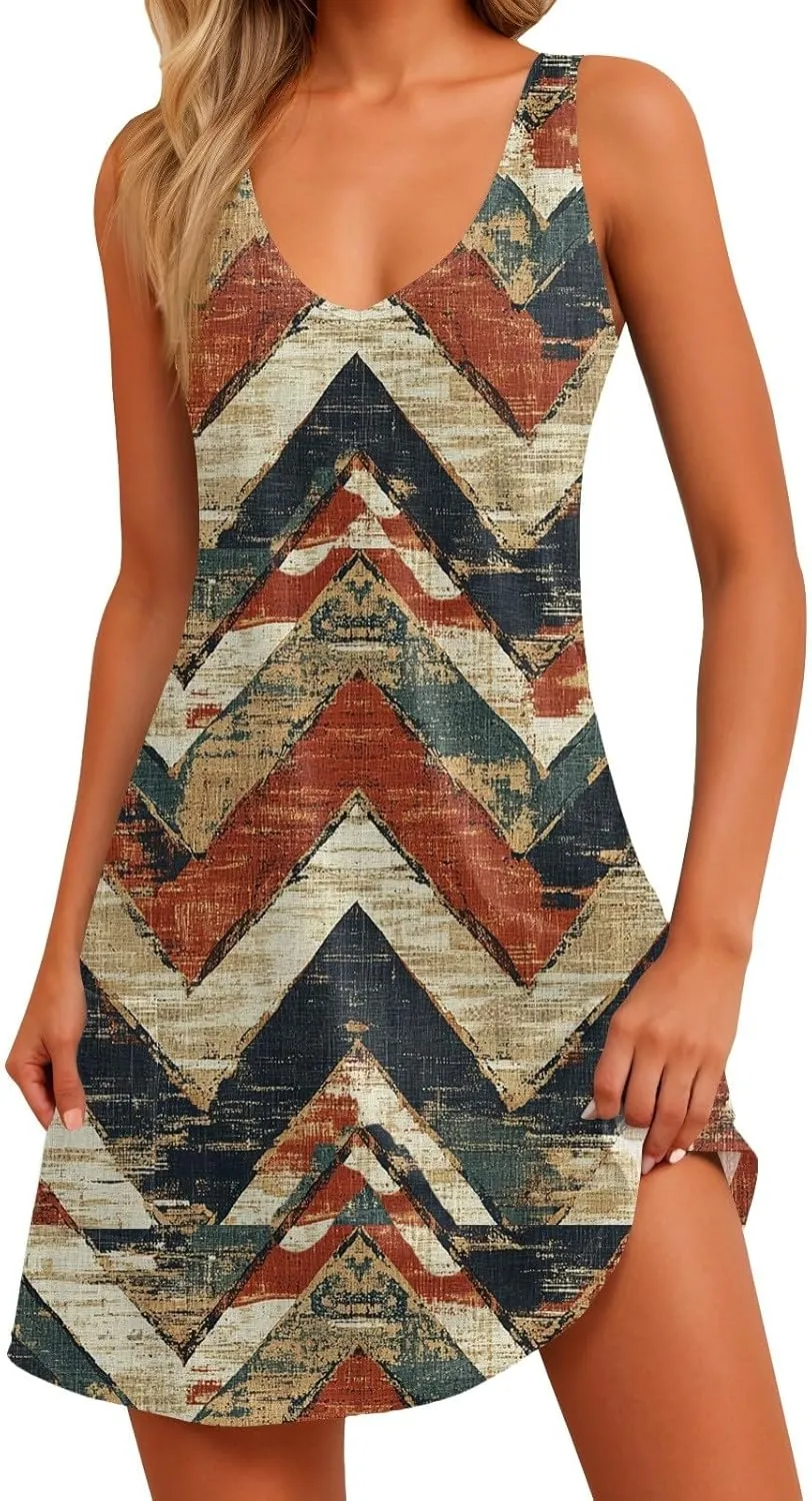 Women's Summer Dresses V Neck Vacation Swimsuit Coverup Casual Sleeveless Dress with Pocket 2025 Printed Sundress