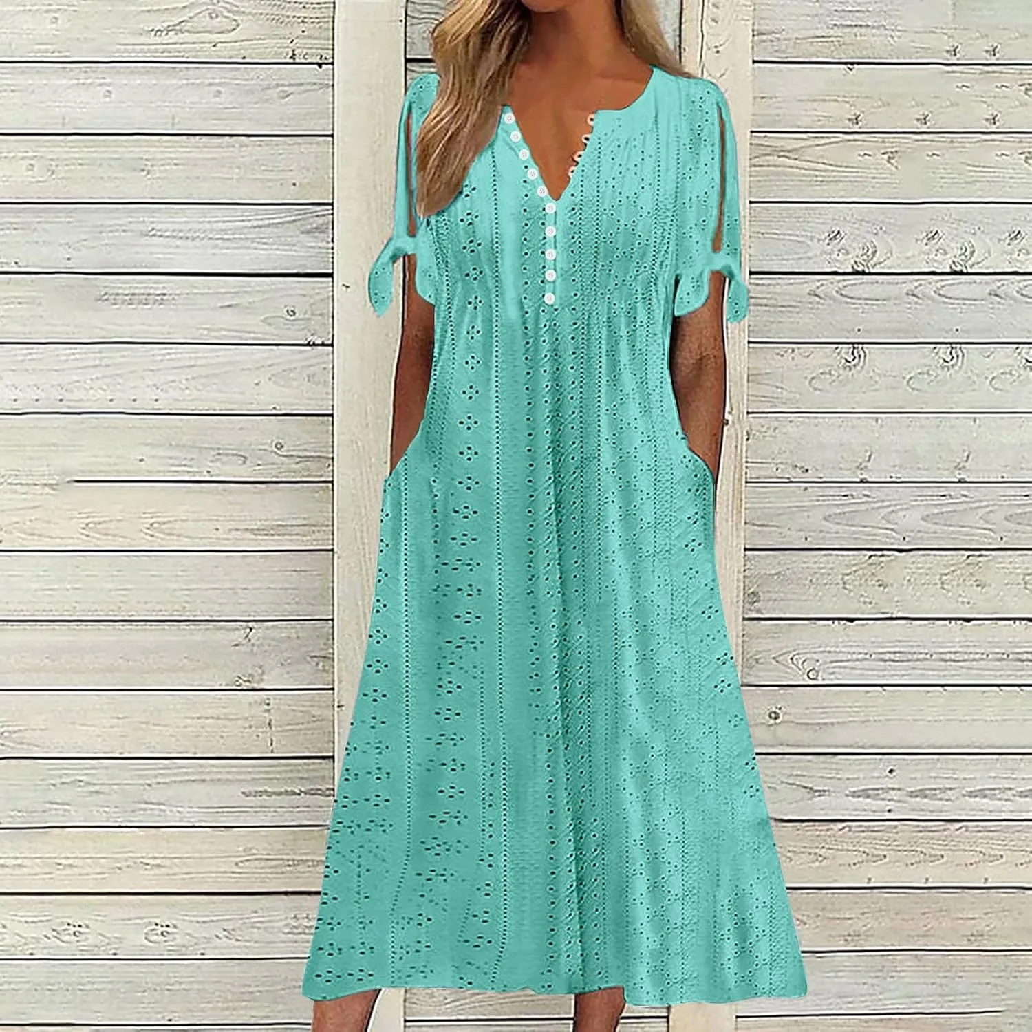 Womens Summer Dresses Women's Solid Color Fashionable V Neck Short Sleeve with Pockets Knee Length