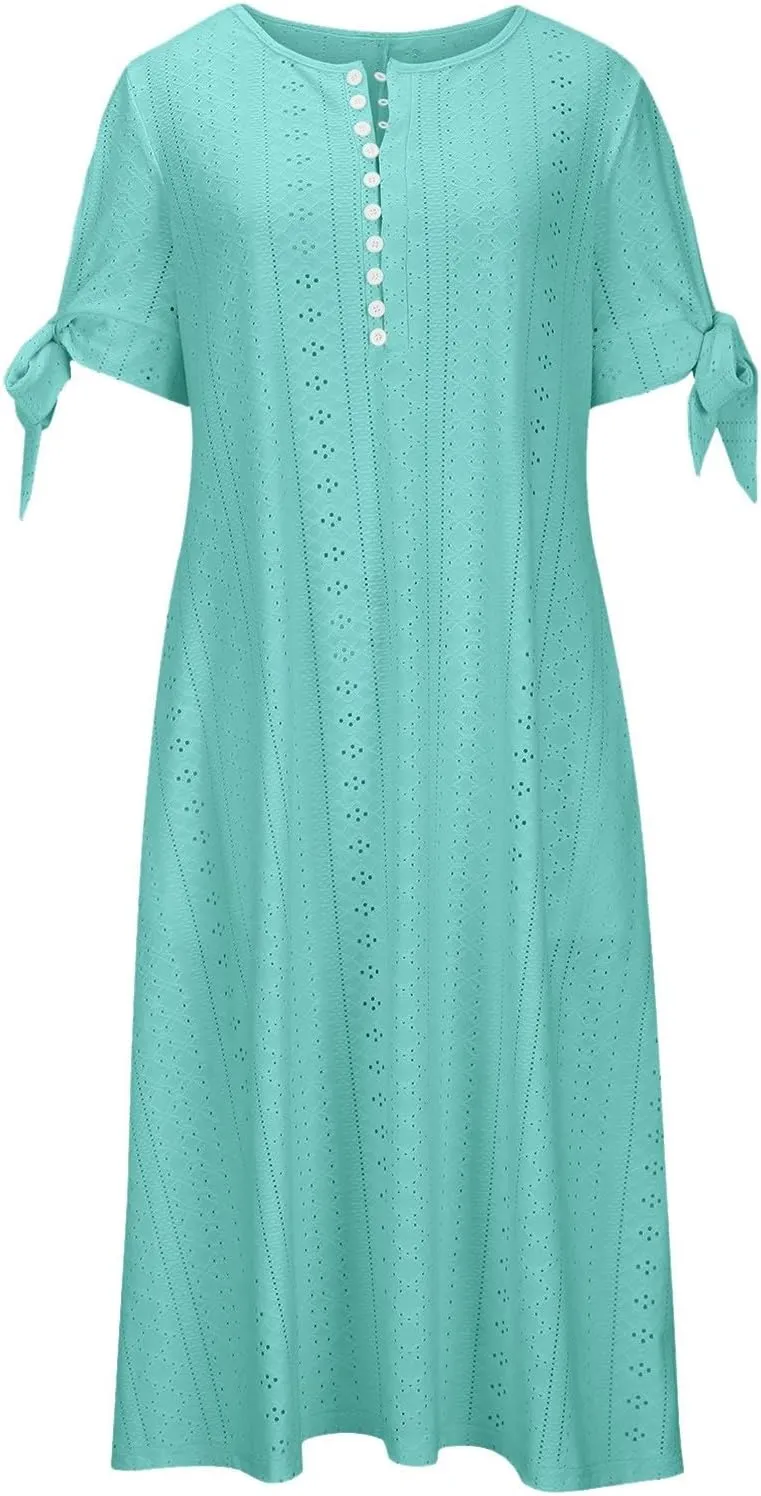 Womens Summer Dresses Women's Solid Color Fashionable V Neck Short Sleeve with Pockets Knee Length