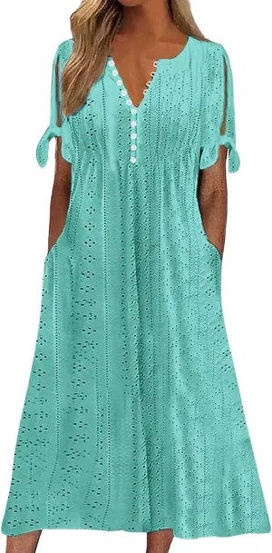 Womens Summer Dresses Women's Solid Color Fashionable V Neck Short Sleeve with Pockets Knee Length
