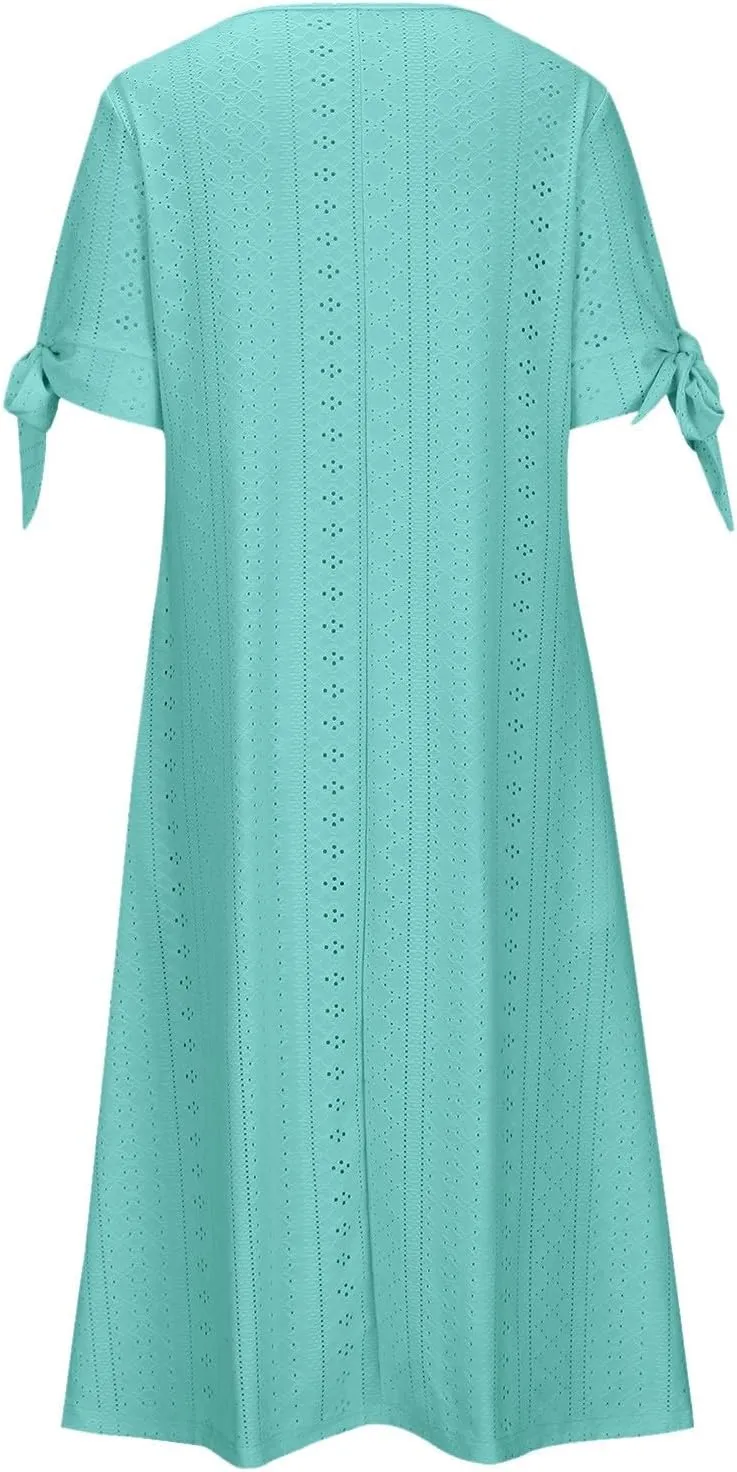 Womens Summer Dresses Women's Solid Color Fashionable V Neck Short Sleeve with Pockets Knee Length