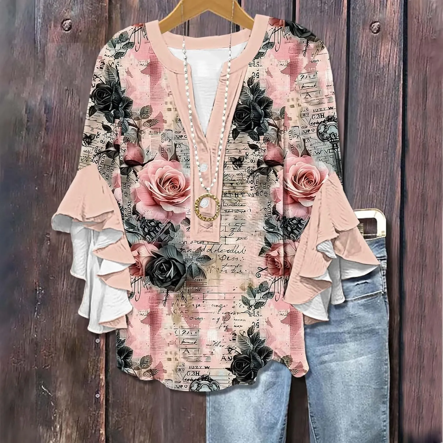 Womens Summer Floral Blouse Dressy Casual Ruffle 3/4 Sleeve Tops Trendy Button V Neck Boho Shirts Business Work Tunic