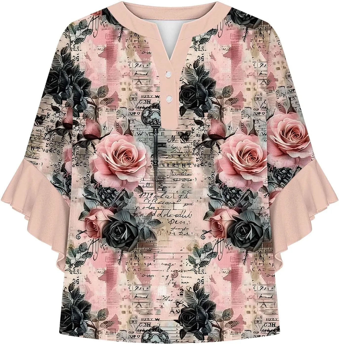 Womens Summer Floral Blouse Dressy Casual Ruffle 3/4 Sleeve Tops Trendy Button V Neck Boho Shirts Business Work Tunic