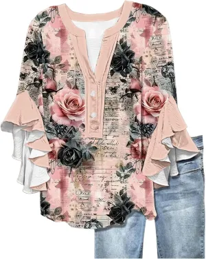 Womens Summer Floral Blouse Dressy Casual Ruffle 3/4 Sleeve Tops Trendy Button V Neck Boho Shirts Business Work Tunic