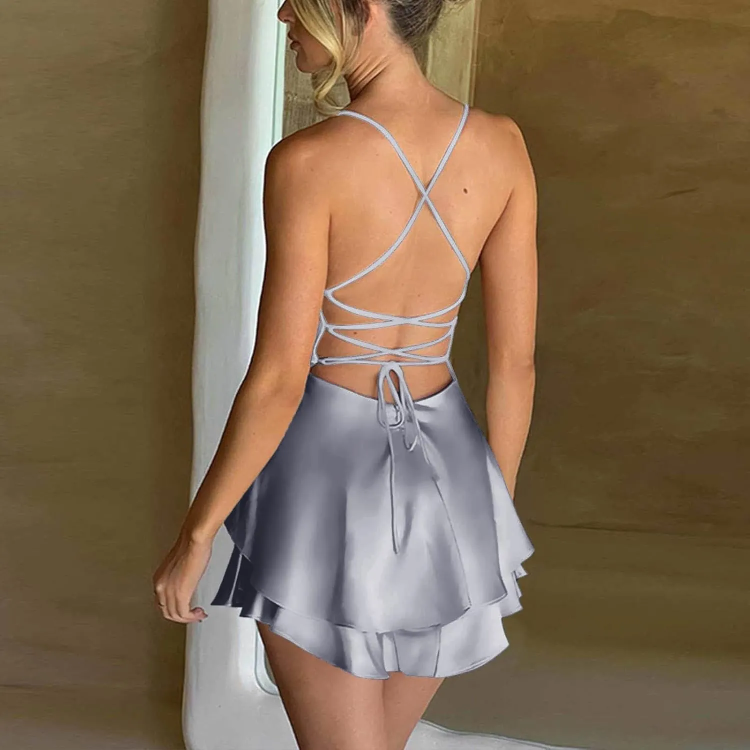 Womens Summer Sexy Backless Satin Dress Cowl Neck Cross Spaghetti Strap Solid Color Mini Beach Vacation Dresses