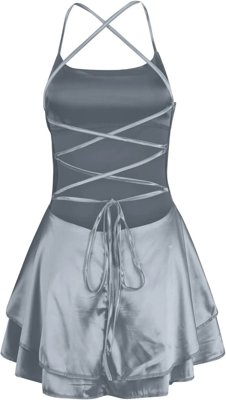 Womens Summer Sexy Backless Satin Dress Cowl Neck Cross Spaghetti Strap Solid Color Mini Beach Vacation Dresses