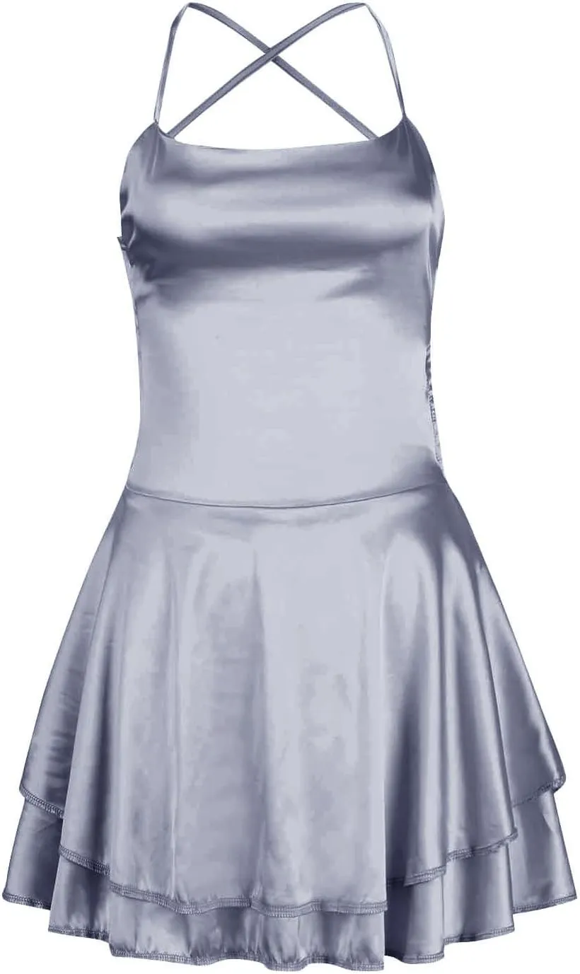 Womens Summer Sexy Backless Satin Dress Cowl Neck Cross Spaghetti Strap Solid Color Mini Beach Vacation Dresses
