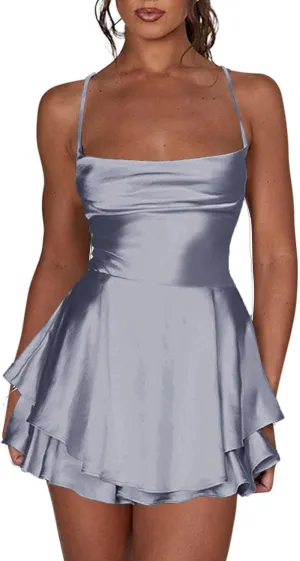 Womens Summer Sexy Backless Satin Dress Cowl Neck Cross Spaghetti Strap Solid Color Mini Beach Vacation Dresses