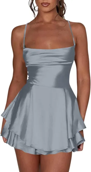 Womens Summer Sexy Backless Satin Dress Cowl Neck Cross Spaghetti Strap Solid Color Mini Beach Vacation Dresses