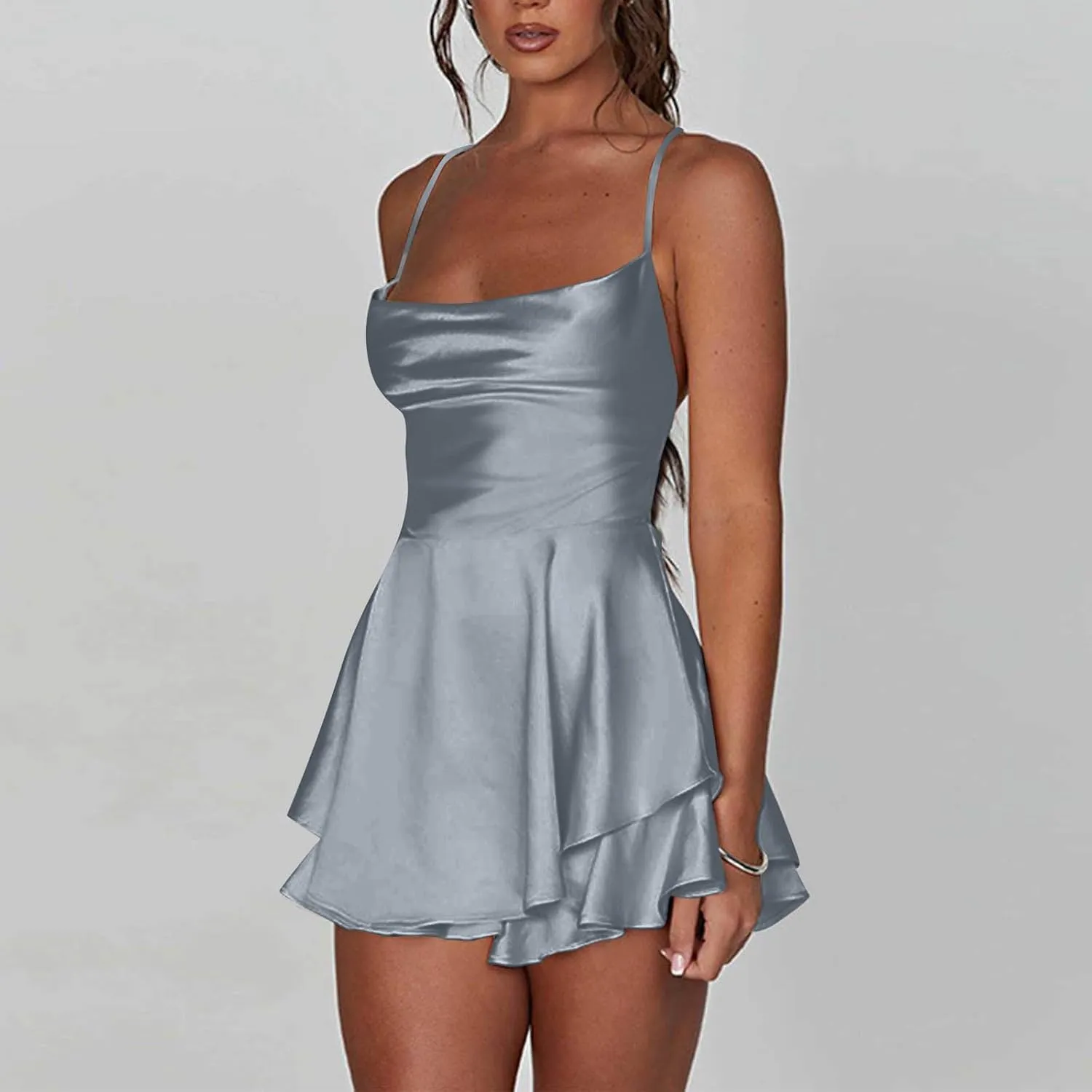 Womens Summer Sexy Backless Satin Dress Cowl Neck Cross Spaghetti Strap Solid Color Mini Beach Vacation Dresses