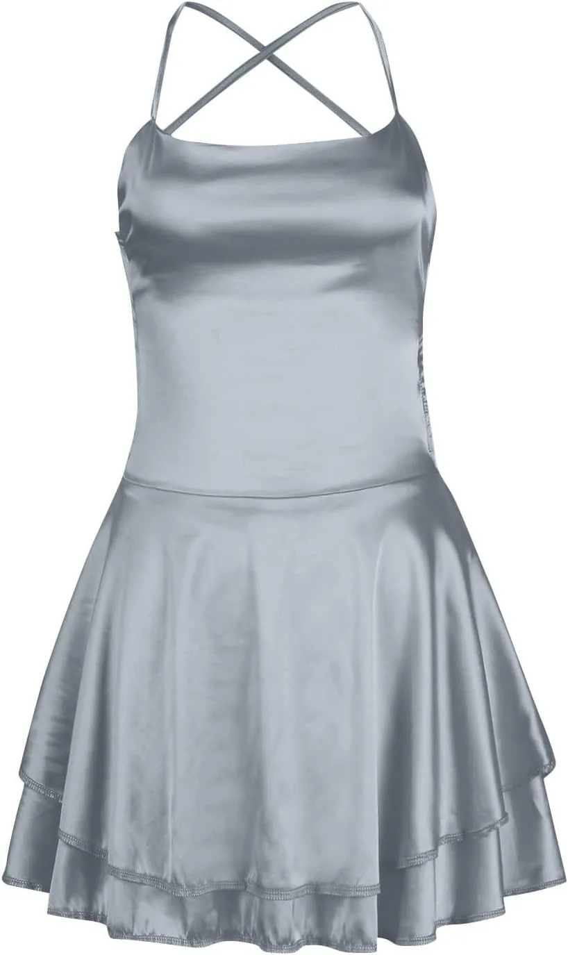 Womens Summer Sexy Backless Satin Dress Cowl Neck Cross Spaghetti Strap Solid Color Mini Beach Vacation Dresses