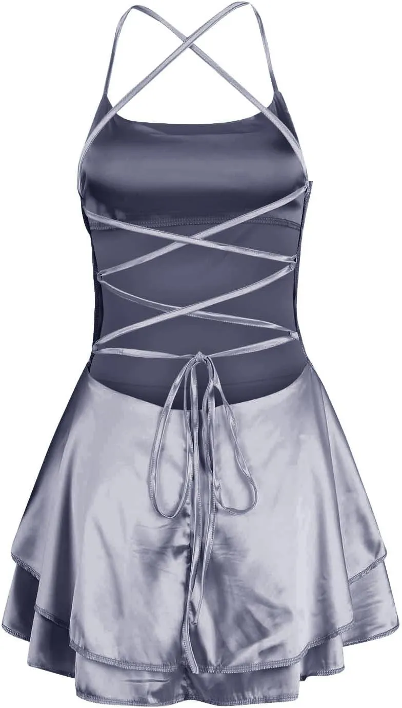 Womens Summer Sexy Backless Satin Dress Cowl Neck Cross Spaghetti Strap Solid Color Mini Beach Vacation Dresses