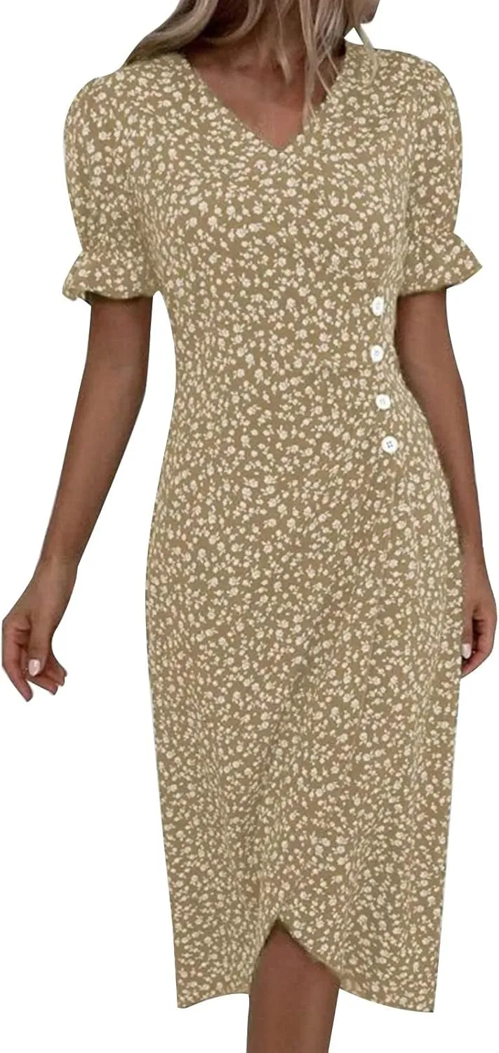 Women's Summer Short Sleeve A-Line Midi Dresses Casual Floral V Neck Button T-Shirt Dress Flowy Beach Sundress for Women